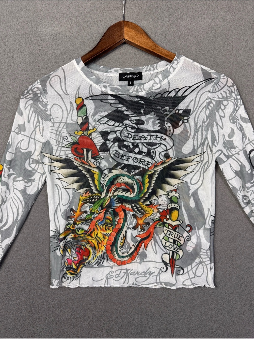 Ed Hardy Y2K Style Tattoo Mesh Long Sleeve Crop Top, Sheer Before Death Design S - Picture 3 of 16
